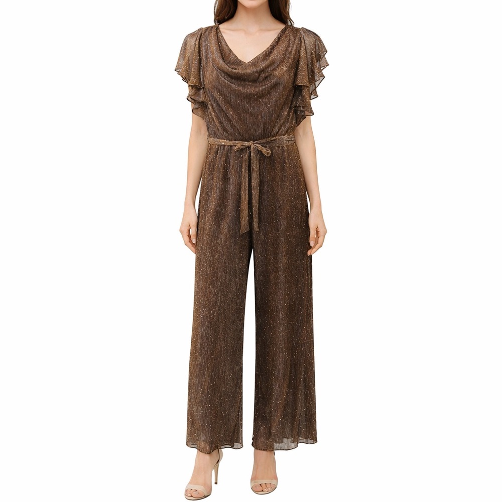 Maison Tara Metallic Bronze Jumpsuit Size 16 Wide Leg Cowl Neck Party Glam